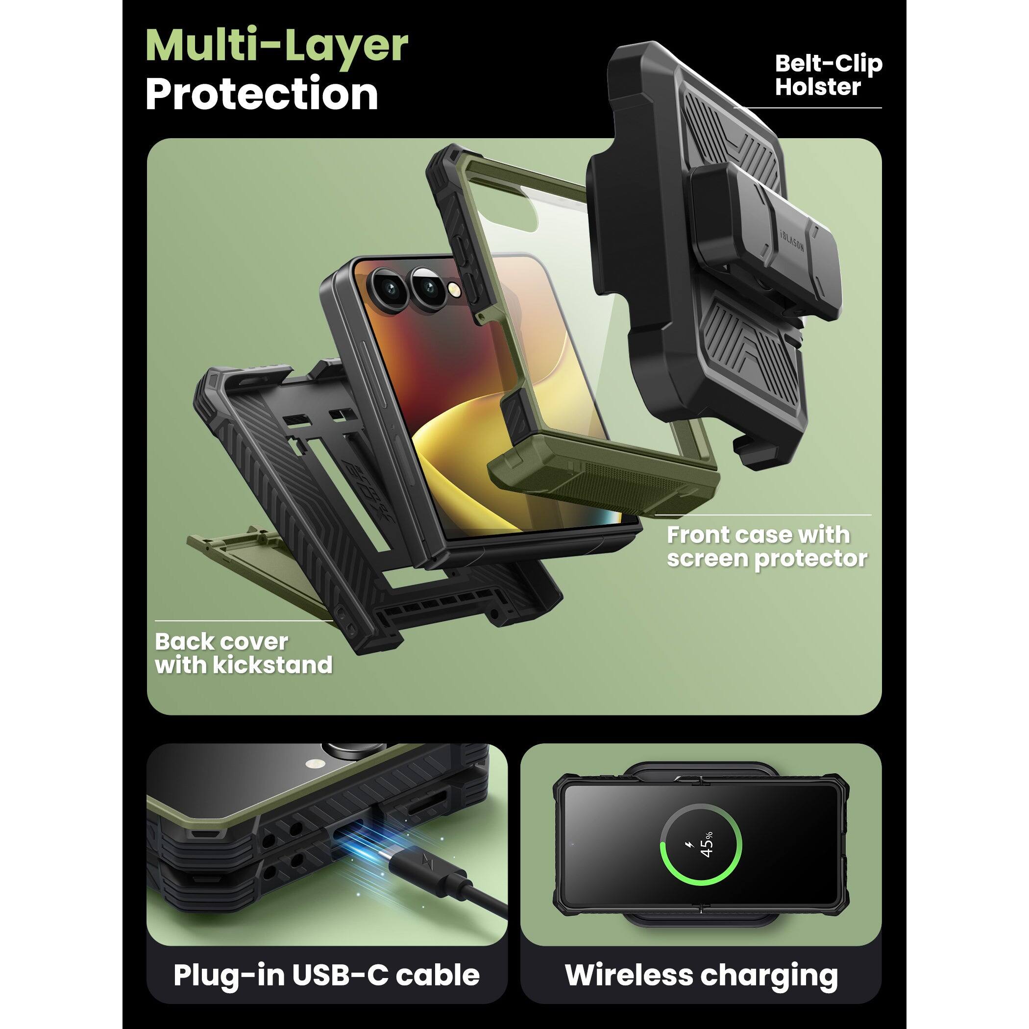 Alt View 6. i-Blason - i-Blason Armorbox Case for Samsung Z Flip7 – Kickstand, Screen Protector, Military-Grade - Dark Green.