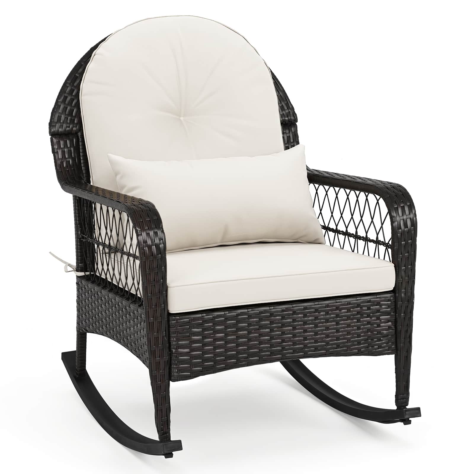 Costway - Patio Wicker Rocking Chair W/Seat Back Cushions & Lumbar Pillow Porch - Off-White
