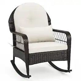 Costway - Patio Wicker Rocking Chair W/Seat Back Cushions & Lumbar Pillow Porch - Off-White