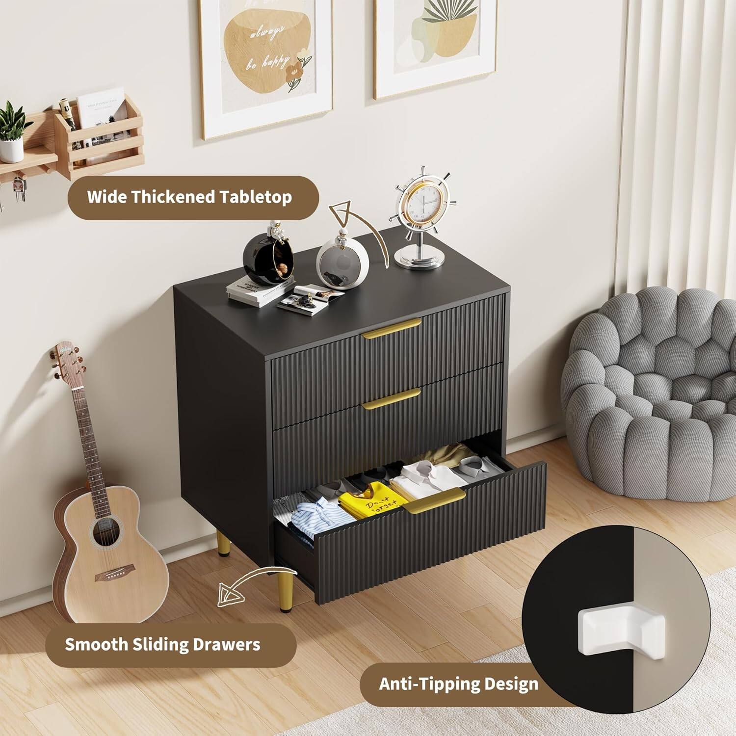 - Wide Thickened Tabletop
- Smooth Sliding Drawers
- Anti-Tipping Design