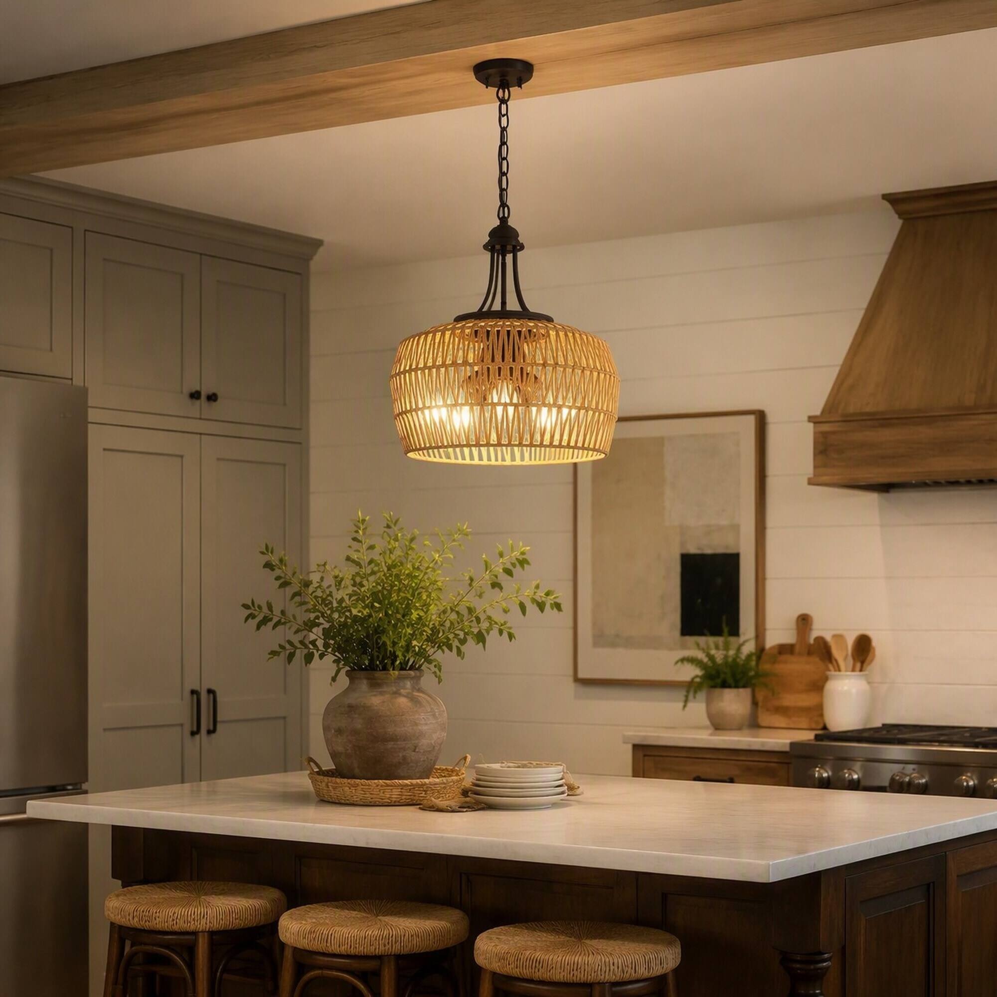 Back. RYHNUYNE - Large 5-Light Coastal Farmhouse Rattan Chandelier,Boho Pendant Light Fixture for Dining Room - Brown.