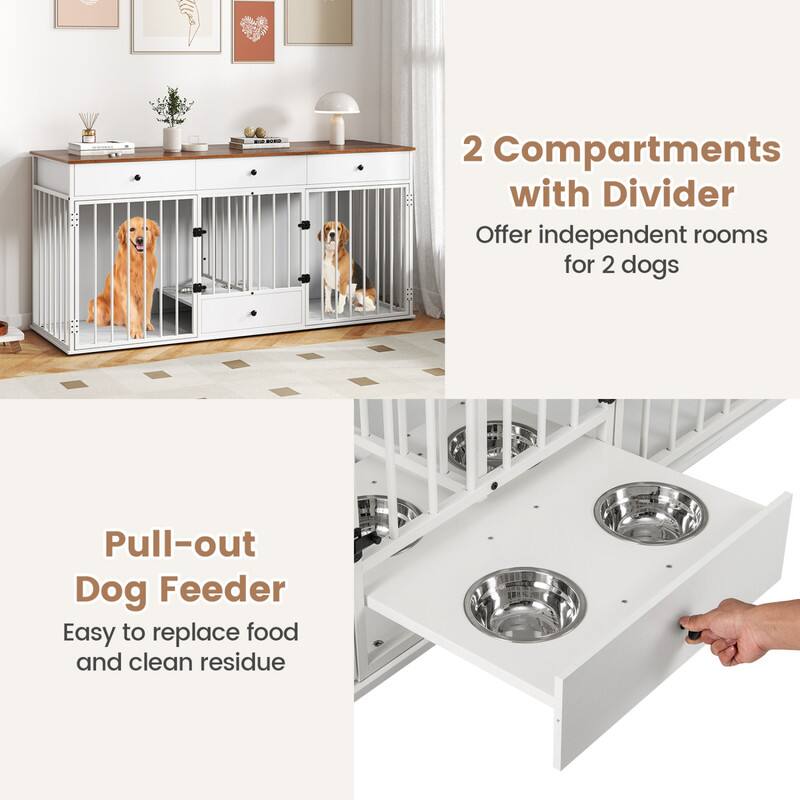 2 Compartments with Divider  
Offer independent rooms for 2 dogs

Pull-out Dog Feeder  
Easy to replace food and clean residue