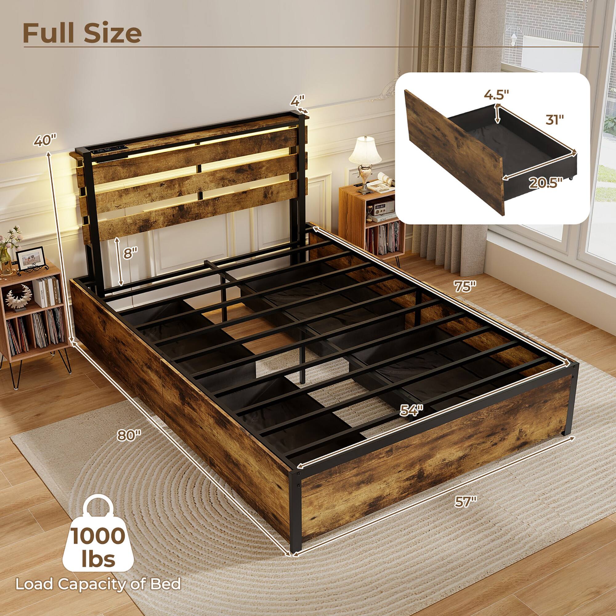 Full Size

40"  
4"  
8"  
75"  
80"  
57"  
54"  
4.5"  
31"  
20.5"  

1000 lbs  
Load Capacity of Bed