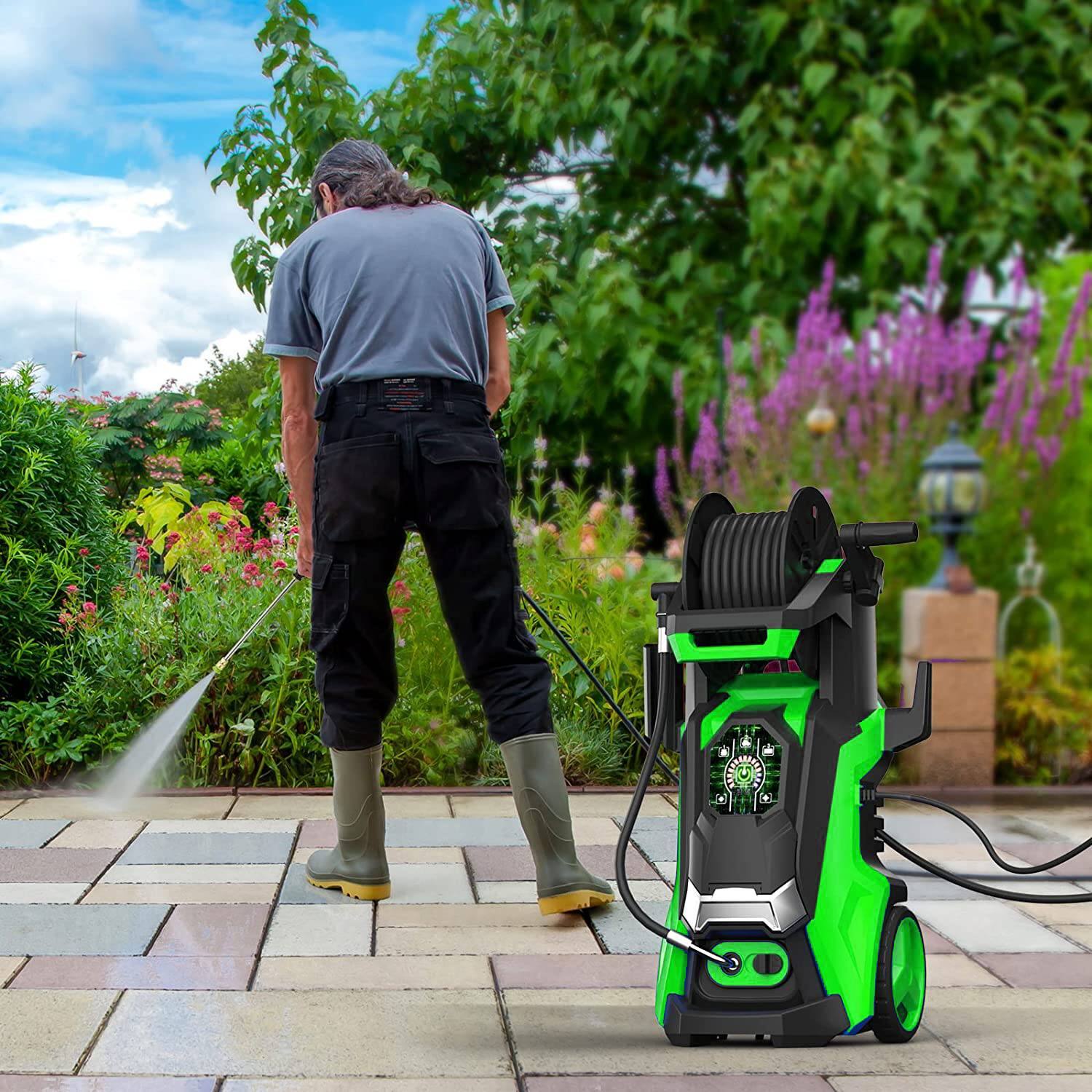 Angle. Winado - 3800 PSI 2.8GPM Electric High Pressure Washer with Touch Screen Adjustment Pressure & 4 Nozzles and Telescopic Handle - Green.