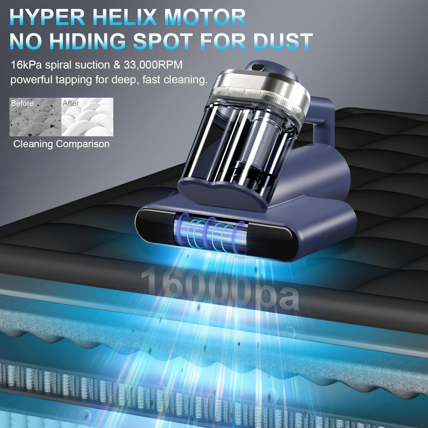 HYPER HELIX MOTOR  
NO HIDING SPOT FOR DUST  

16kPa spiral suction & 33,000RPM powerful tapping for deep, fast cleaning.  

Before  
After  
Cleaning Comparison  

16,000Pa