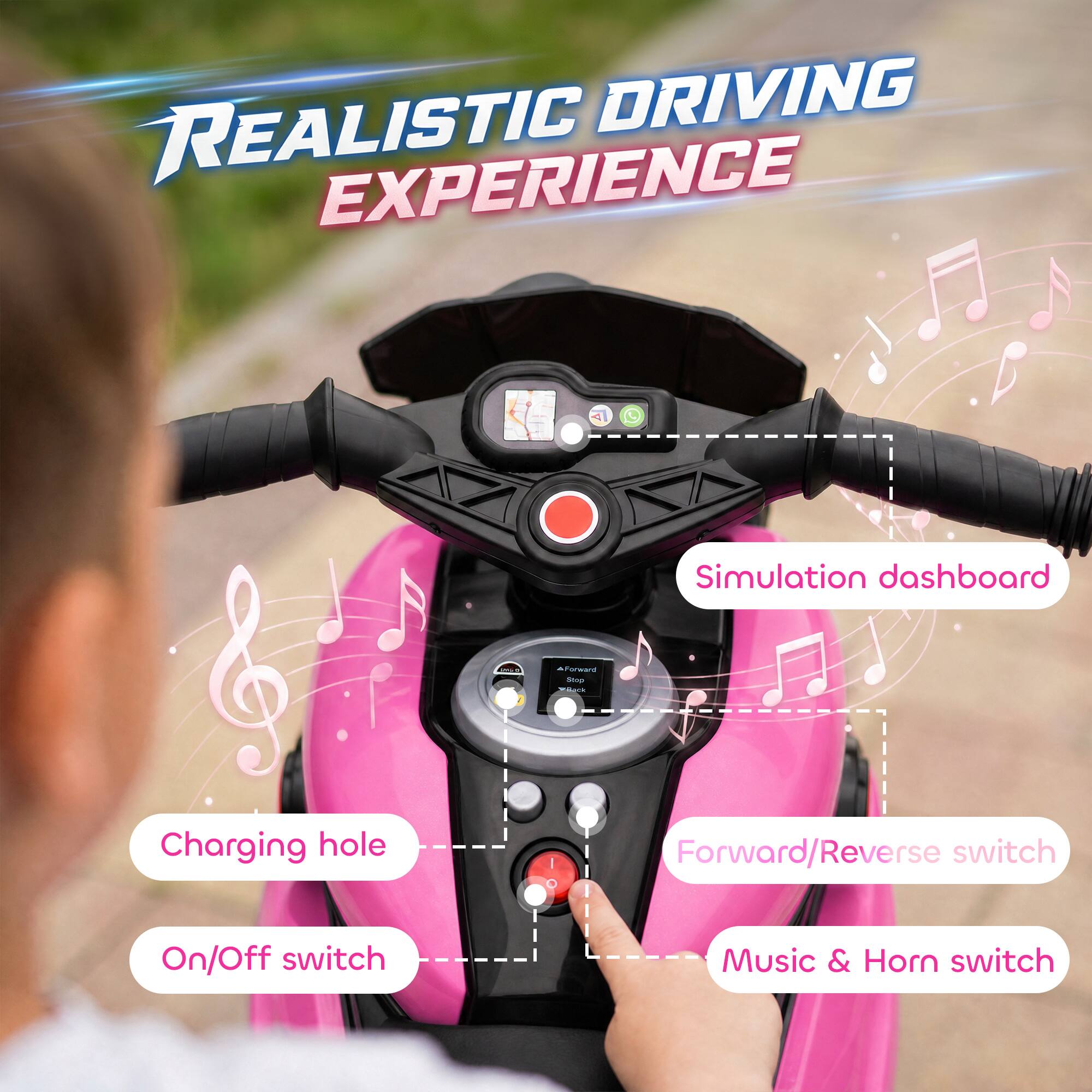 REALISTIC DRIVING EXPERIENCE

Simulation dashboard

A Forward Stop WARK

Charging hole

Forward/Reverse switch

On/Off switch

Music & Horn switch