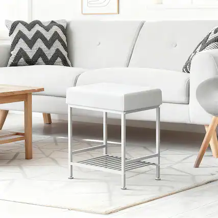 Front. Oumilen - PU Padded Entryway Shoe Bench with Metal Frame & Lower Shoe Rack, White - White.