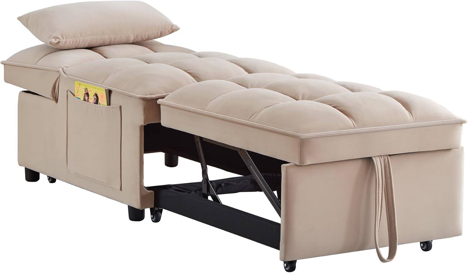 Alt View 3. Trinkets Crazed - 4 in1 Multi-Function Single Sofa Bed with Storage Pockets,Tufted Single Pull-out Sofa Bed W/ Adjustable Backrest - taupe.