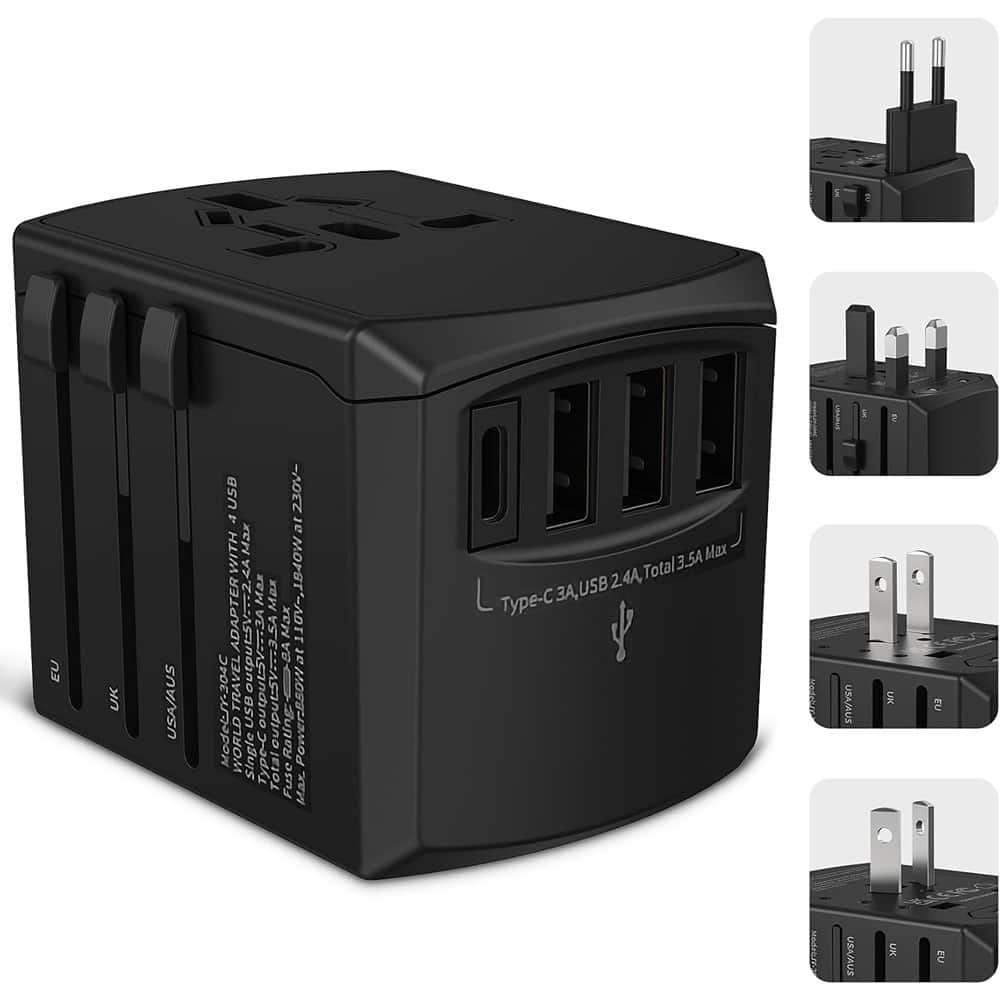 Schertz - Universal Travel Plug Adapter for EU/UK/AU/US/India – Compact, (RW101BK) - Black
