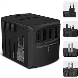 Schertz - Universal Travel Plug Adapter for EU/UK/AU/US/India – Compact, (RW101BK) - Black
