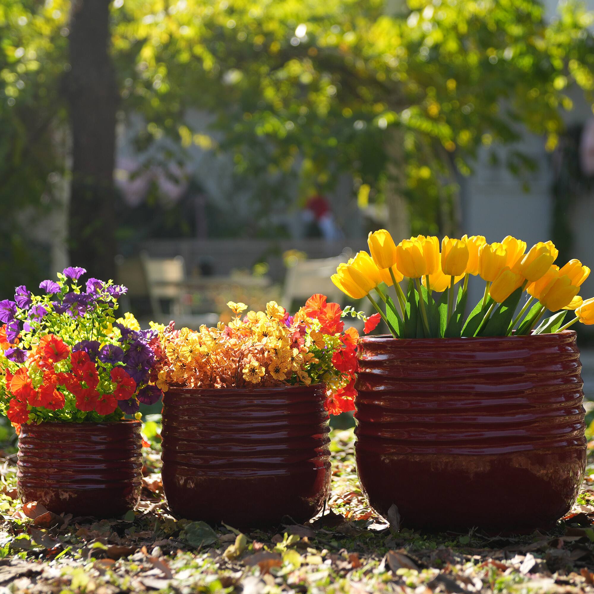 Left. Loheer - Loheer Ceramic Planter Set of 3, Handmade Glazed Red Clay Flower Pots, 15 11 8 Inch Indoor Outdoor Planters.