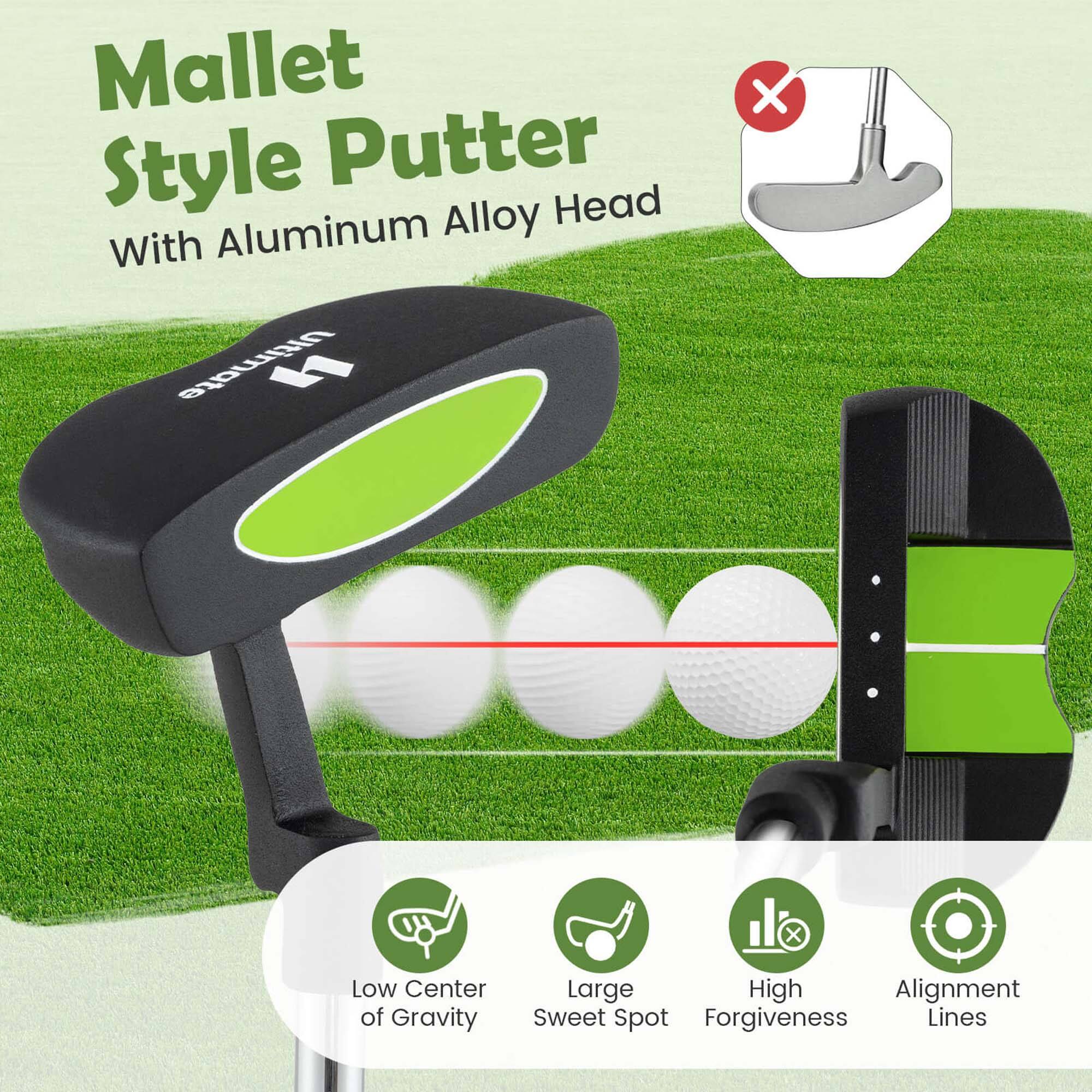 Mallet Style Putter  
With Aluminum Alloy Head  

- Low Center of Gravity  
- Large Sweet Spot  
- High Forgiveness  
- Alignment Lines