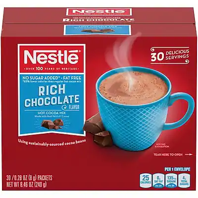 Nestlé
RICH CHOCOLATE
Over 100 Years of Heritage
No Sugar Added, Fat Free
265% Daily Value of Iron
Rich Chocolate Flavor
Hot Cocoa Mix
Using sustainably-sourced cocoa beans
30 Delicious Servings
30 / 0.28 OZ (8 g) Packets
Net WT 8.46 OZ (240 g)
Per Envelope:
25 Calories
0g Sat Fat
135mg Sodium
4g Total Sugars
Tear Here to Open