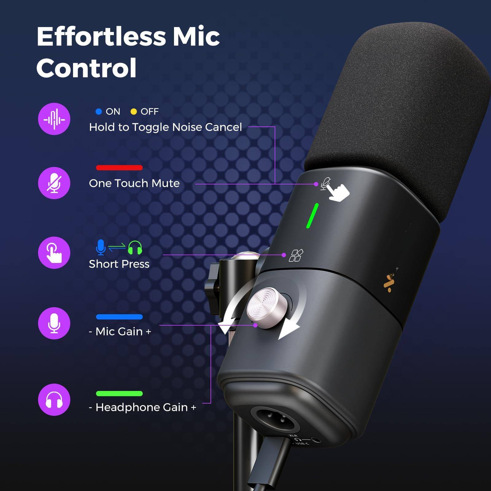 Effortless Mic Control

- ON OFF
  Hold to Toggle Noise Cancel

- One Touch Mute

- Short Press

- Mic Gain +

- Headphone Gain +