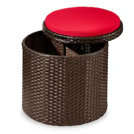 Best Choice Products - Round Wicker Ottoman, Multipurpose Furniture w/ Removable Cushion, Steel Frame - Brown/Red