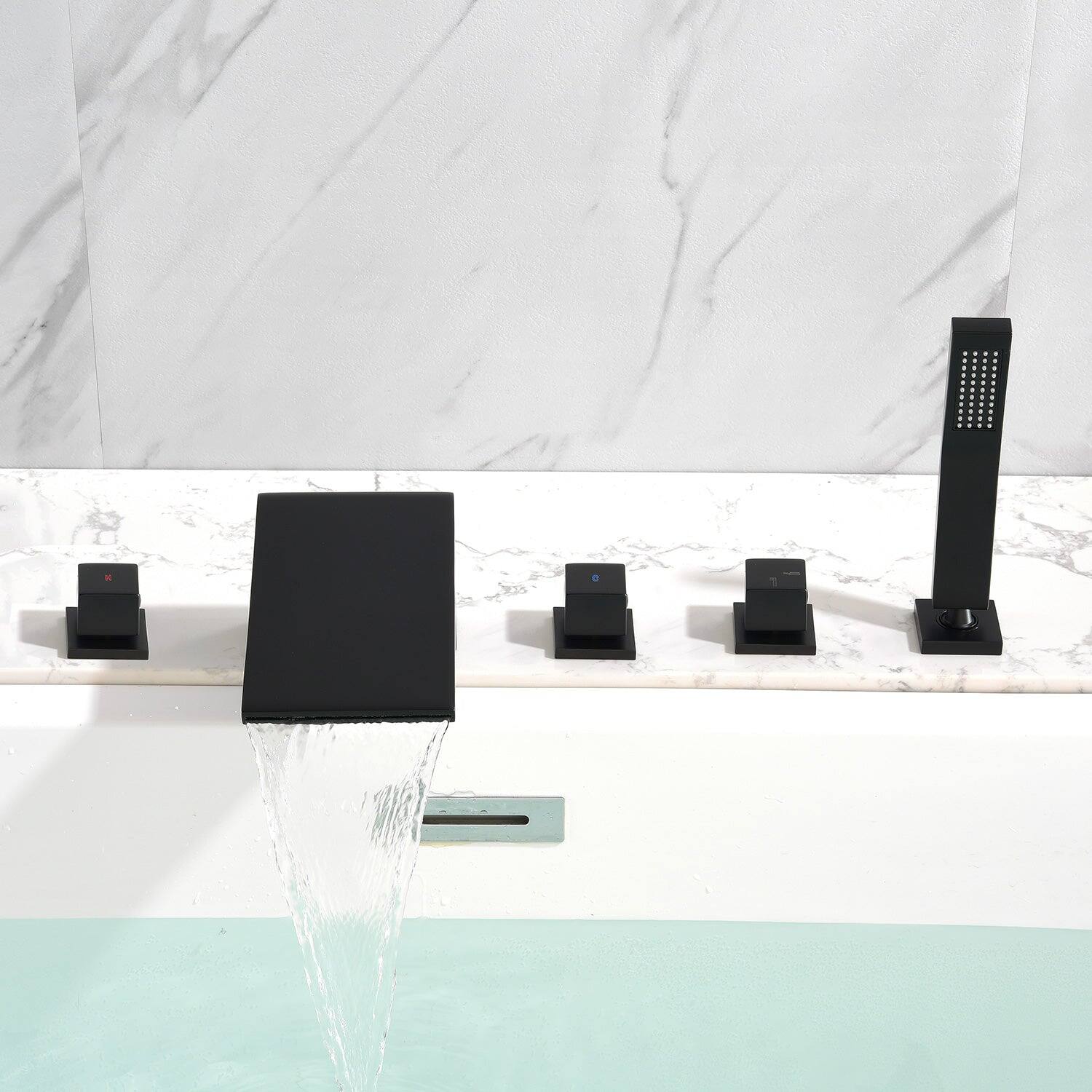 Alt View 8. Boyel Living - 4.72 in.W Black Sloped Bathtub Hot and Cold Water Faucet with Handheld Shower and Waterfall Outlet 5-Hole - Matte Black.