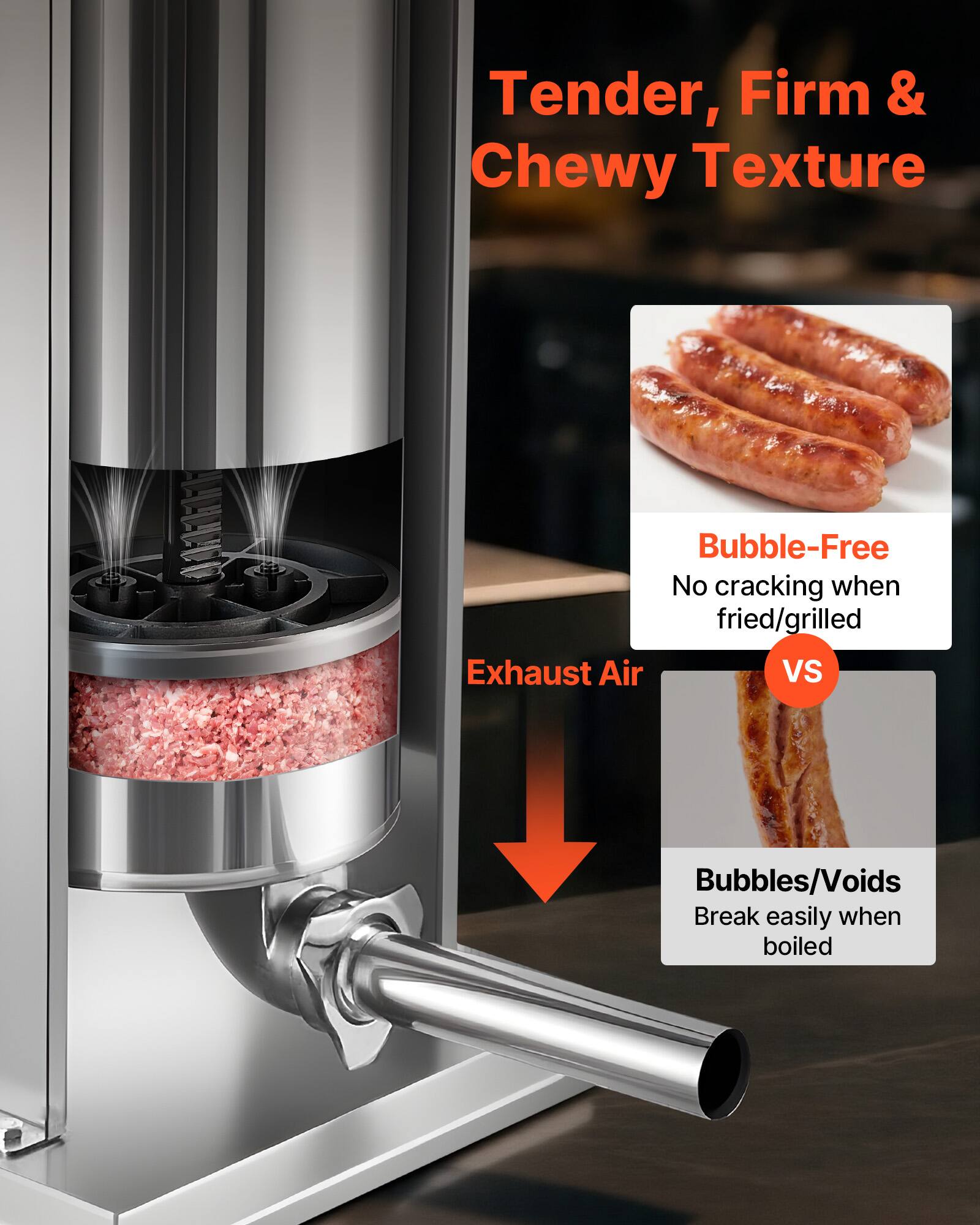 Tender, Firm & Chewy Texture  
Bubble-Free  
No cracking when fried/grilled  

Exhaust Air VS Bubbles/Voids  
Break easily when boiled