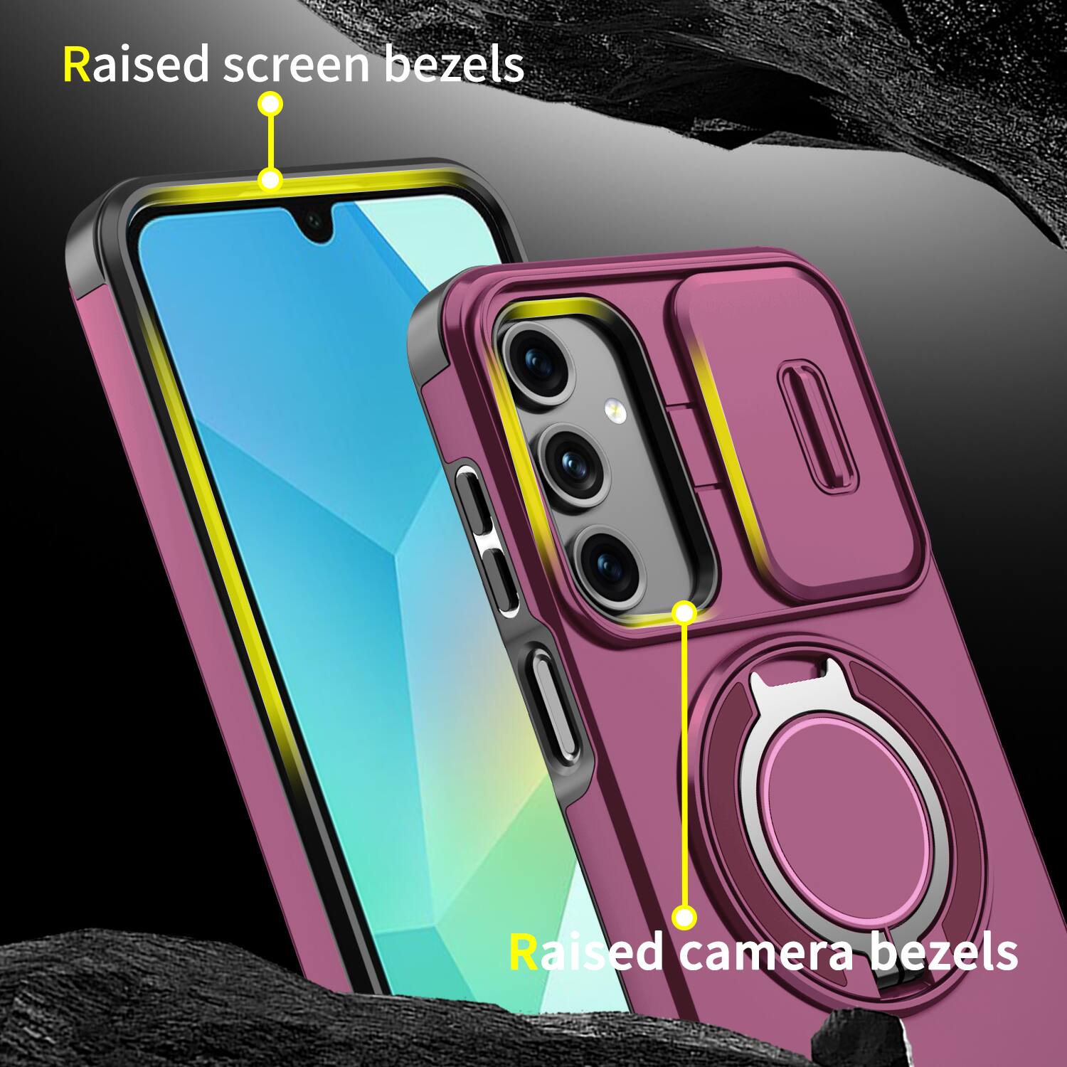 Raised screen bezels  
Raised camera bezels