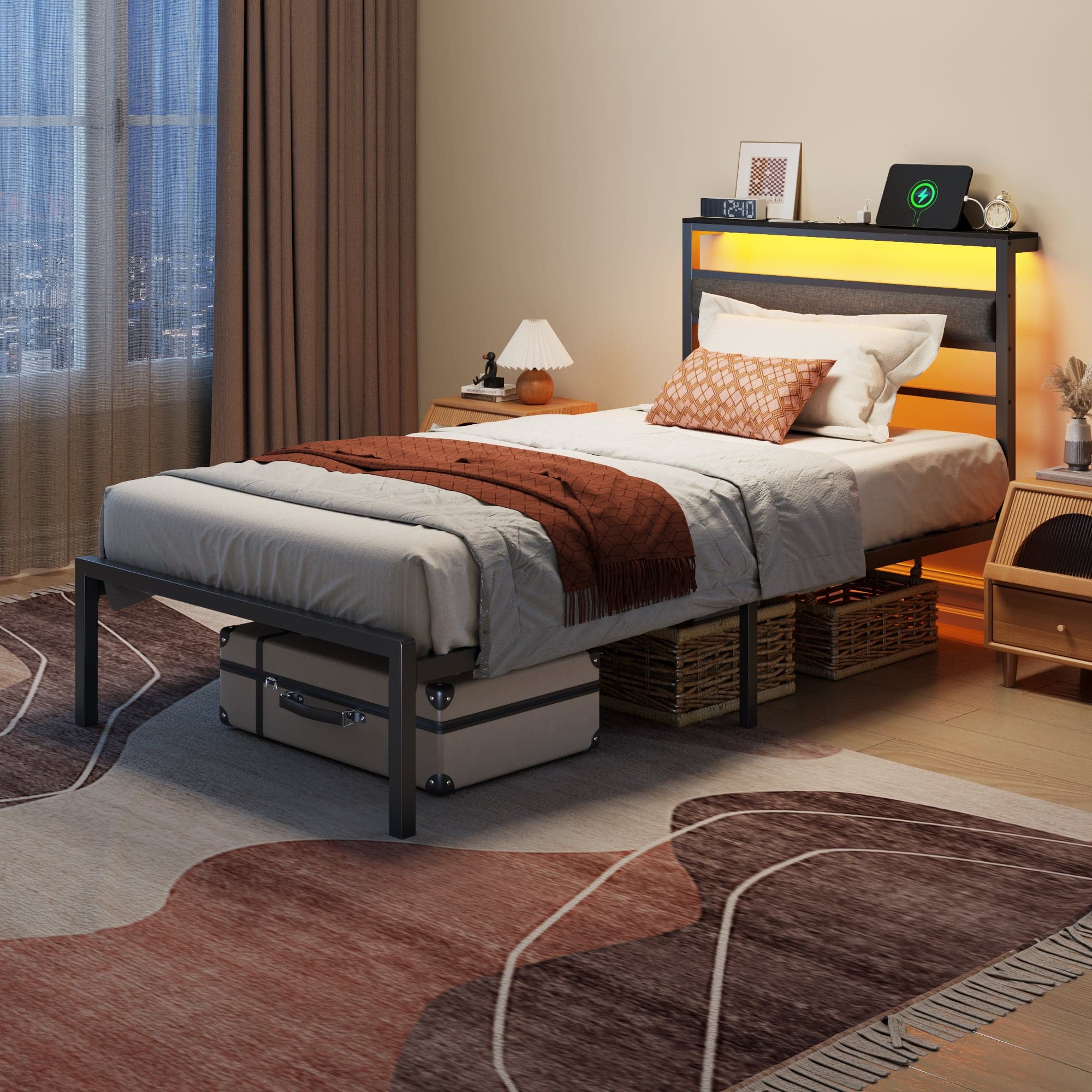 Furnulem - Bed Frame with LED Light and Charging Station Metal Frame with Upholstered Headboard Large Storage Space - Black