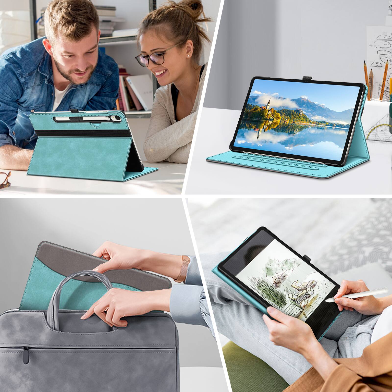 Alt View 4. Fintie - Multi-Angle Case for Samsung Galaxy Tab S9, Front Card Pocket, Drop Proof, Scratch-Free Microfiber, S Pen Holder - Turquoise/Brown.