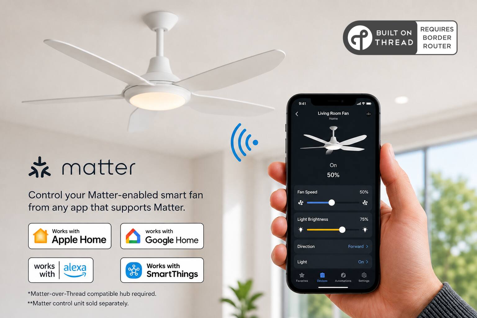 REQUIRES BUILT ON THREAD ROUTER

9:41

Living Room Fan Home

matter

Control your Matter-enabled smart fan from any app that supports Matter.

Fan Speed Light Brightness
50% 75%

Works with Apple Home
works with Google Home
works with Alexa
Works with SmartThings

Direction
Forward

Light
On

Devices Automations Settings

*Matter-over-Thread compatible hub required. **Matter control unit sold separately.