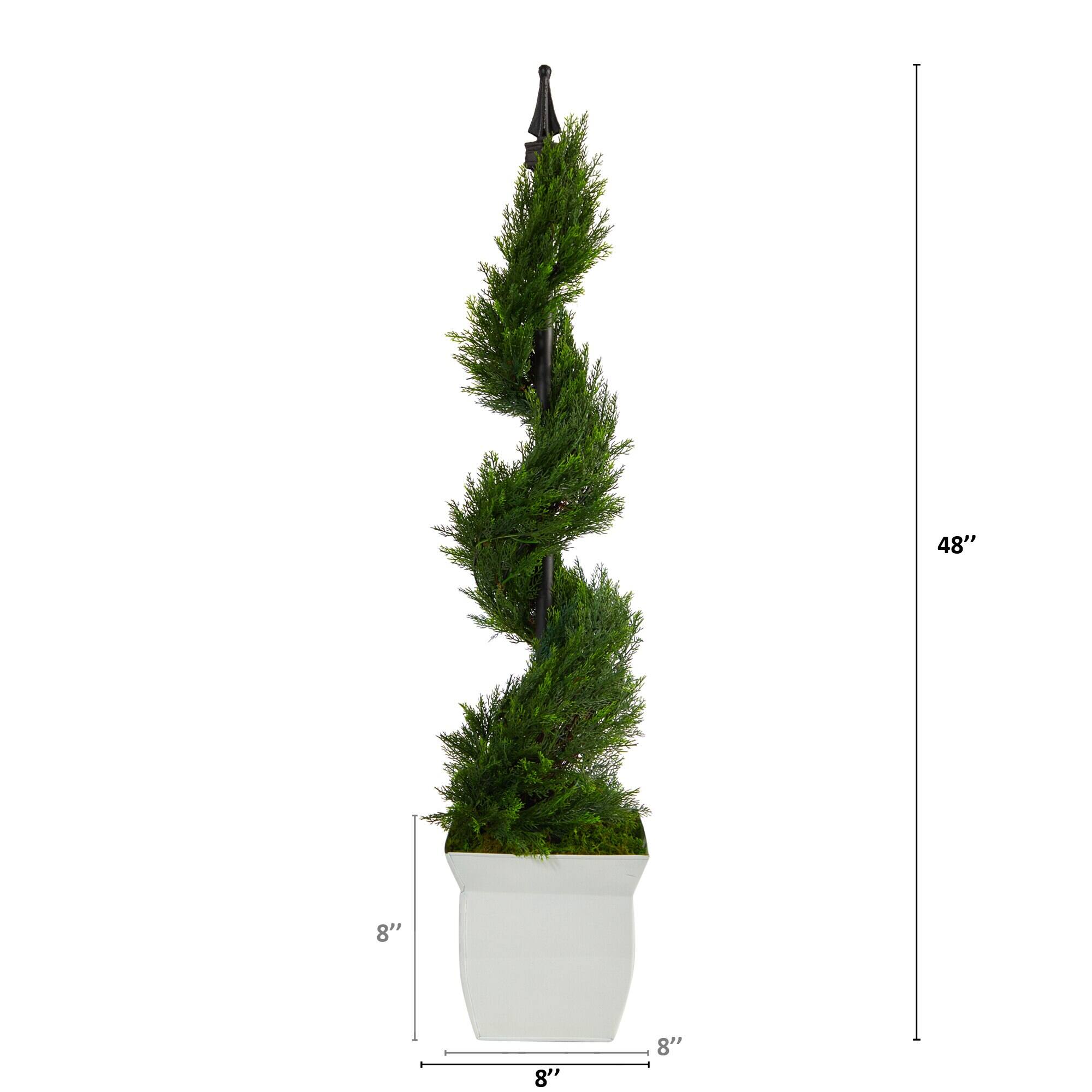 Left. BreeBe - 4' Cypress Spiral Artificial Tree in White Metal Planter - Green.