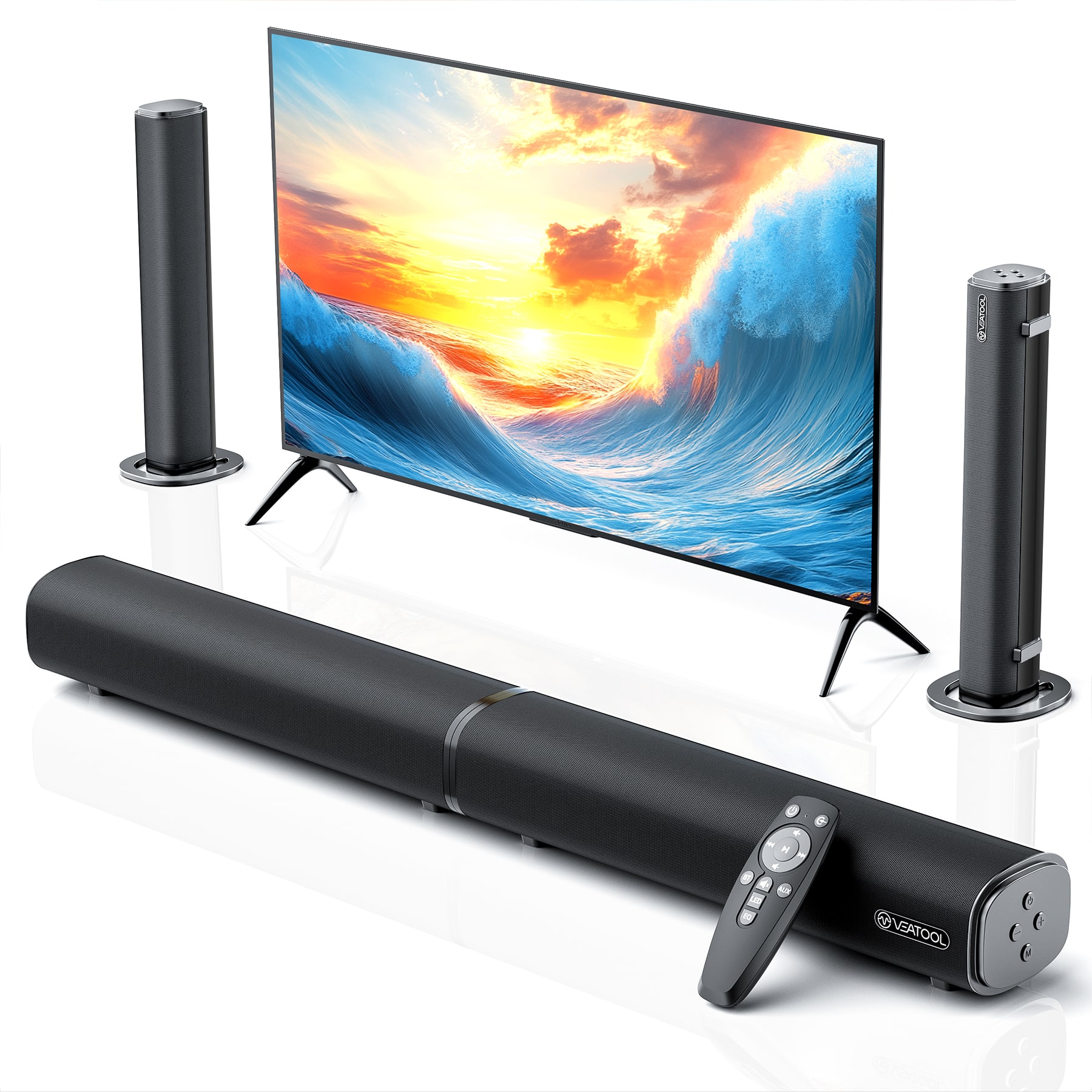 VEAT00L - 2.2ch Soundbar, 100W Bluetooth 5.3, 3D Surround, Powerful Bass, Home Theater, USB/Optical/AUX, Split Design - Black