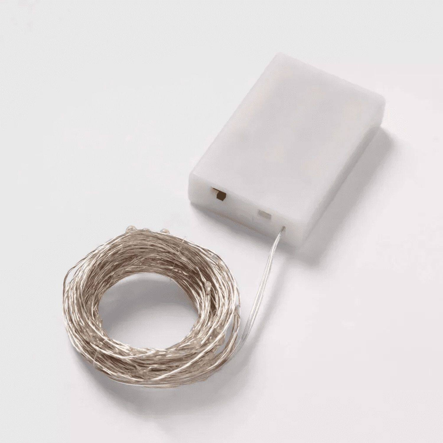 Back. Stock Preferred - Battery Operated 25-Count LED Fairy String Lights - Metallic Silver Wire / Warm White LEDs.