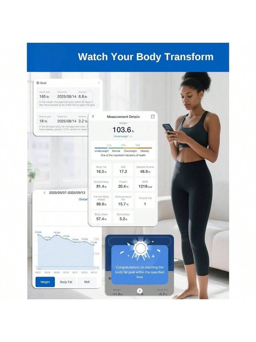 Watch Your Body Transform

Goal
Weight Goal: 165 lb
Target Date: 2025/08/14
Distance: 8.8 lb
In the weight management plan within 93 days, 0 day have passed so far, 8.8 lb left to reach the goal

Body Fat Goal: 18%
Target Date: 2025/08/14
Distance: 3.2%
In the 93 days body fat management plan, 3.2% have already passed, 3.2% remain to reach the goal

Measurement Details
Weight: 103.6 lb
Underweight
Body Fat: 16.3%
BMI: 17.2
Skeletal Muscle: 48.8%
Muscle Mass: 81.4 lb
Protein: 20.4%
BMR: 1218 kcal
Fat-free Body: 86.6 lb
Subcutaneous Fat: 15.7%
Body Water: 57.4%
Bone Mass: 5.2 lb
Visceral Fat: 1

One of the important indicators