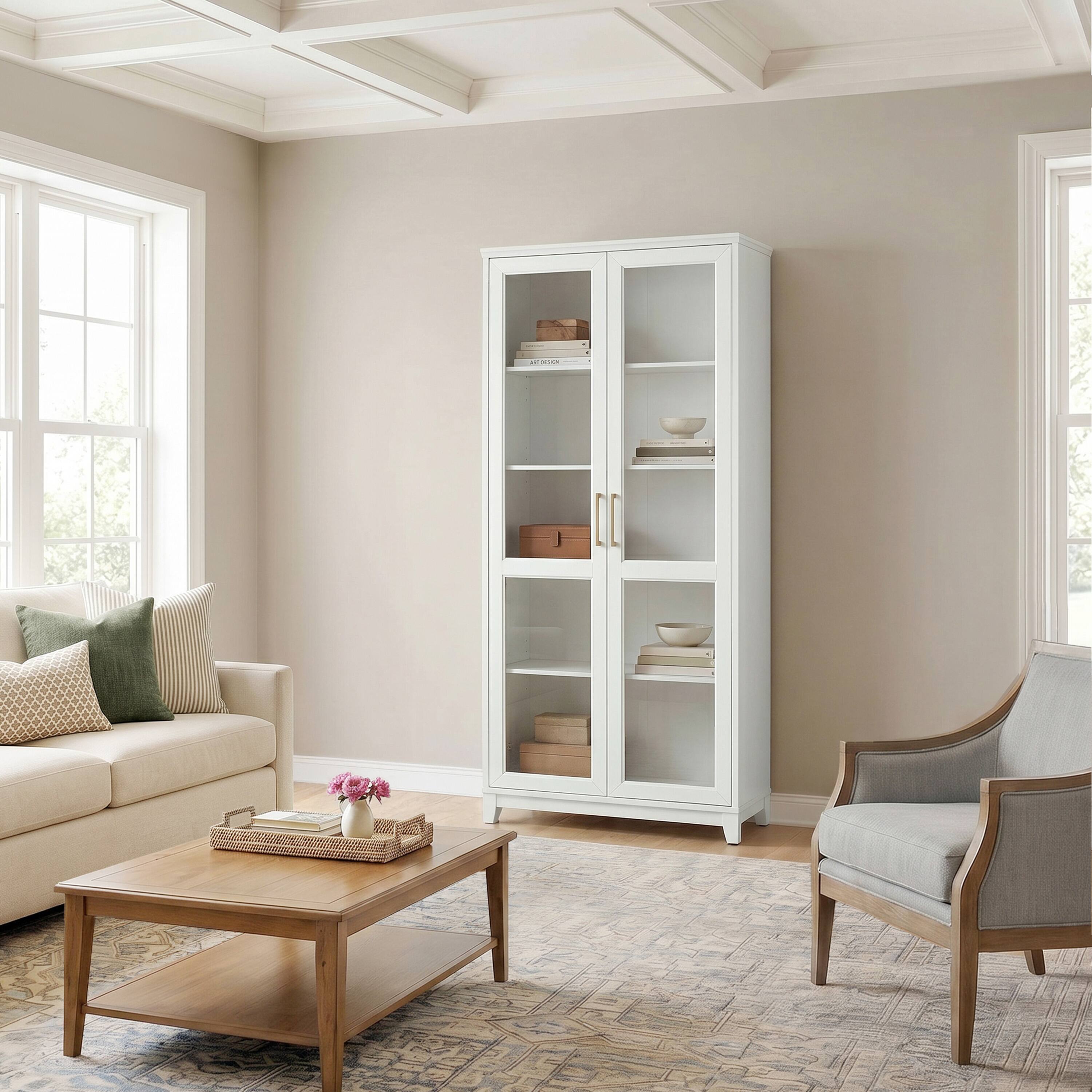 Alt View 5. Martha Stewart - Bedford Modular Tall Storage Cabinet with Soft-Close Glass Doors and Hardware, 4 Adjustable Shelves - White Frame/Gold Hardware.