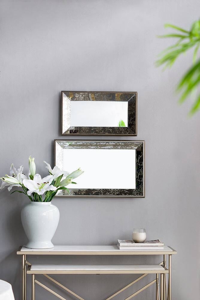 Alt View 6. BreeBe - 20' x 12' Antique Silver Rectangle Mirror with Floral Accents, Mirrored Display Tray, Hanging Wall Mirror - Silver.