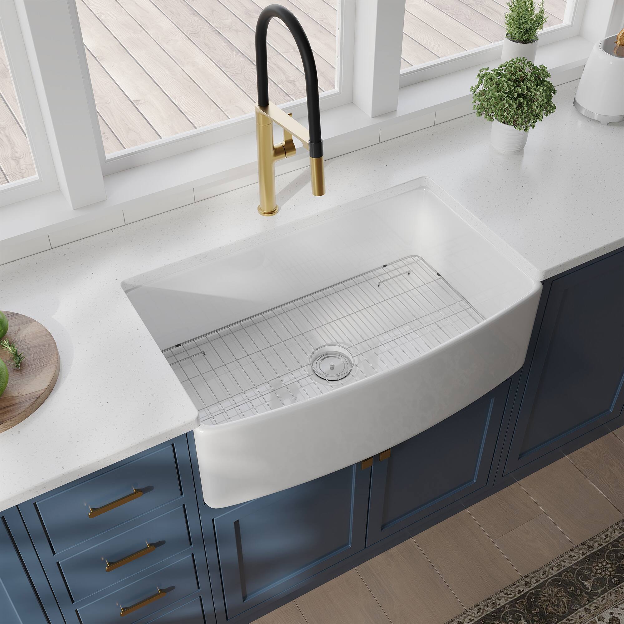Front. ELEMENT ACE - 33 Inch Farmhouse Arch Front Single Bowl Fireclay Kitchen Sink - White.