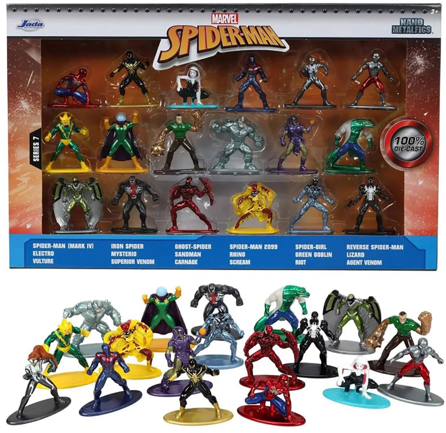 Jada Marvel Spider-Man Nano MetalFics 7 Series 100% Die-Cast  
Spider-Man (Mark IV) Electro Vulture Iron Spider Mysterio Superior Venom Ghost-Spider Sandman Carnage Spider-Man 2099 Rhino Scream Spider-Girl Green Goblin Riot Reverse Spider-Man Lizard Agent Venom