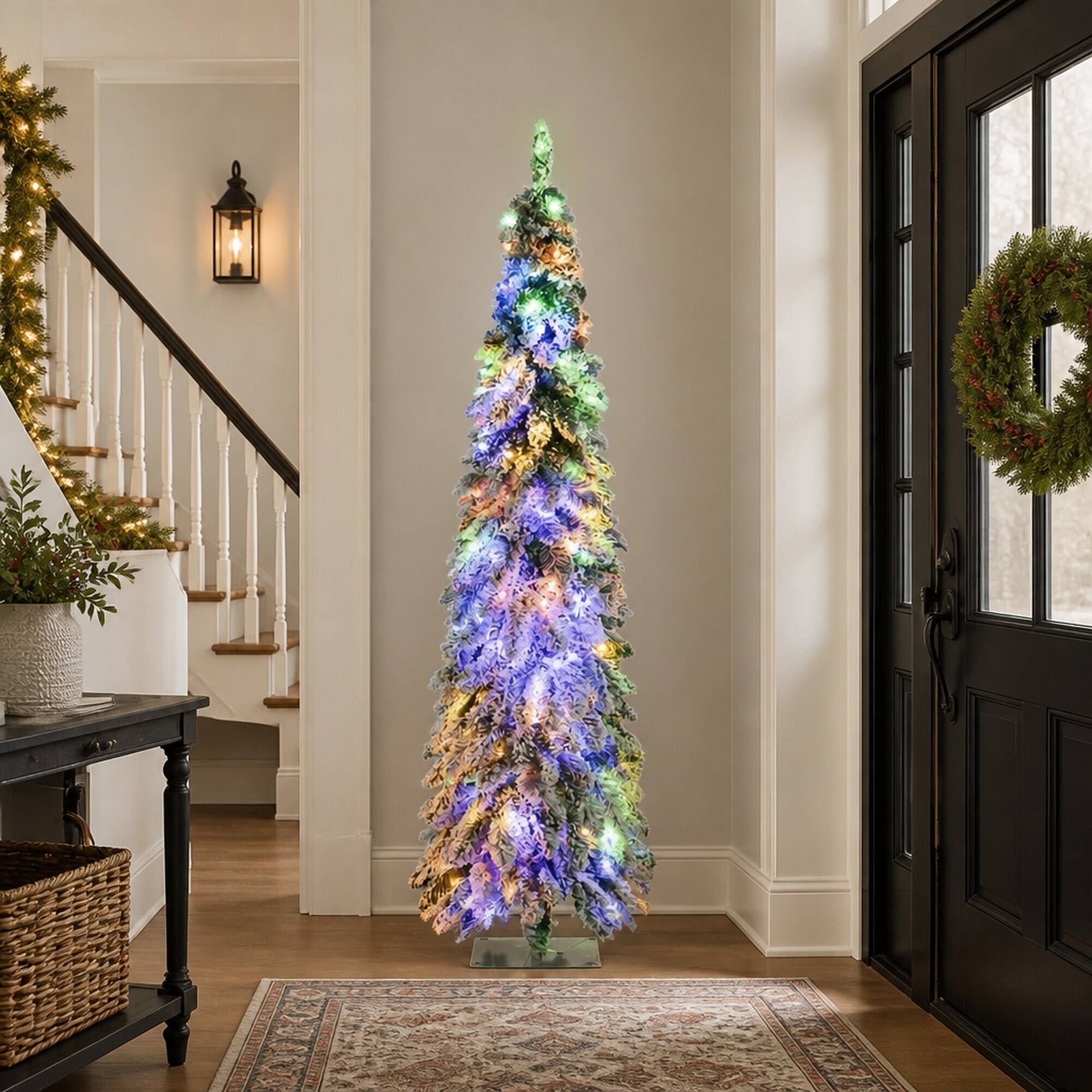 Alt View 1. RYHNUYNE - Pre-Lit Slim Flocked Christmas Tree With Warm White or Colorful LED Lights and Snow Frosted Branches - Green.