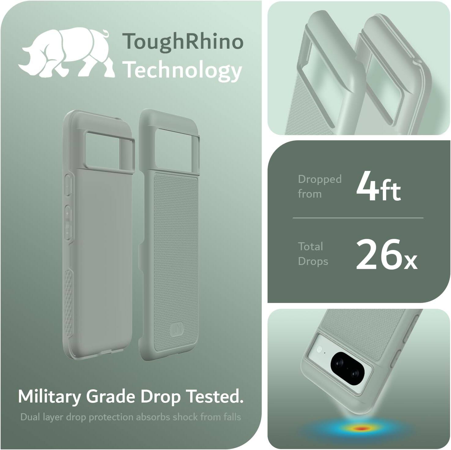 ToughRhino Technology

Dropped from 4ft  
Total Drops 26x

Military Grade Drop Tested.  
Dual layer drop protection absorbs shock from falls