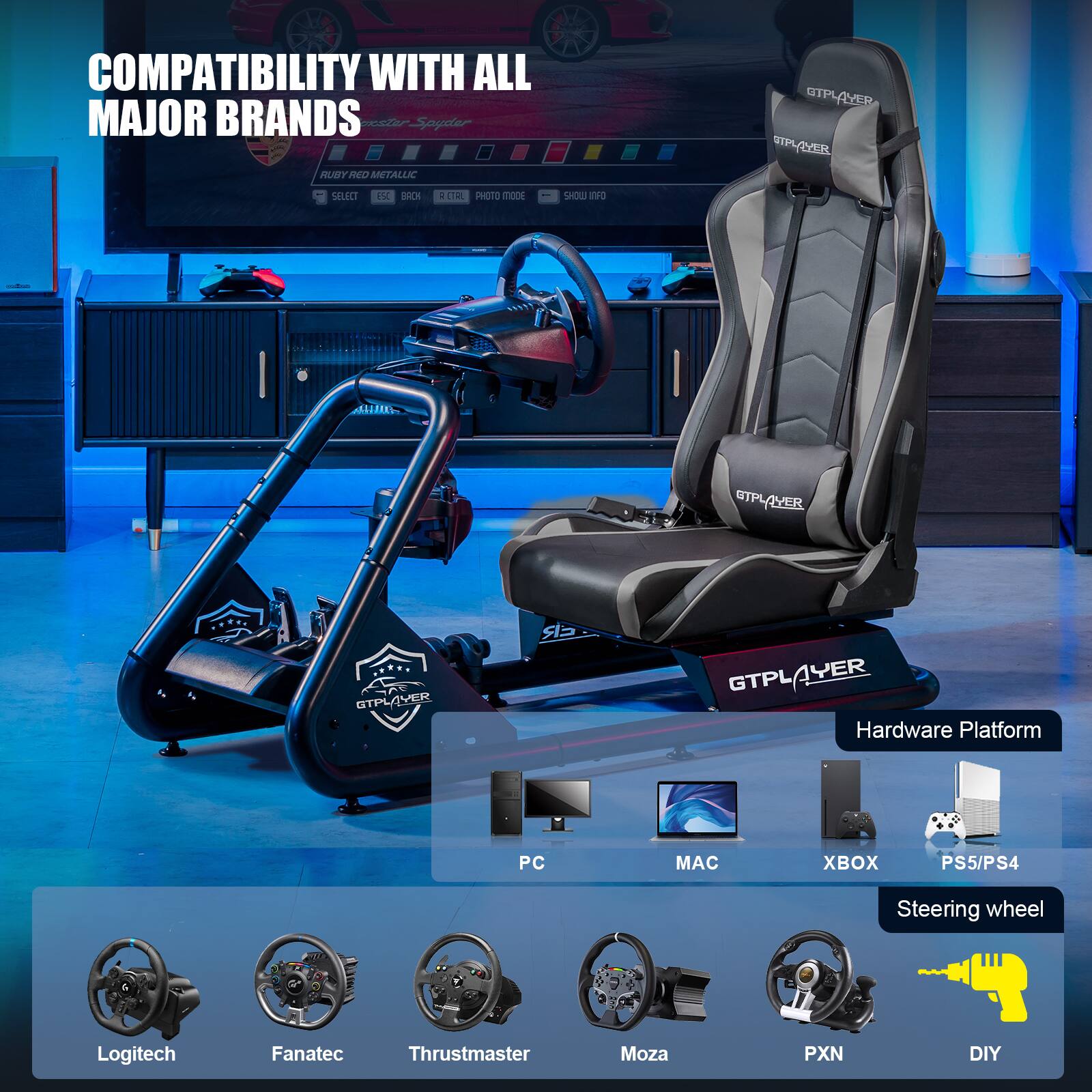 The text on the image is grouped and corrected as follows:

COMPATIBILITY WITH ALL MAJOR BRANDS
ct Soydar RURY AND METALLIC STPLAYER ER SERI  KHCH UR PHOTO TIODE HOU E90 LLLIS STPLAER GTPL F GTPLAYER GTPL ER GTPL 1YER Hardware Platform PC MAC XBOX PS5/PS4 Steering wheel Logitech Fanatec Thrustmaster Moza PXN DIY