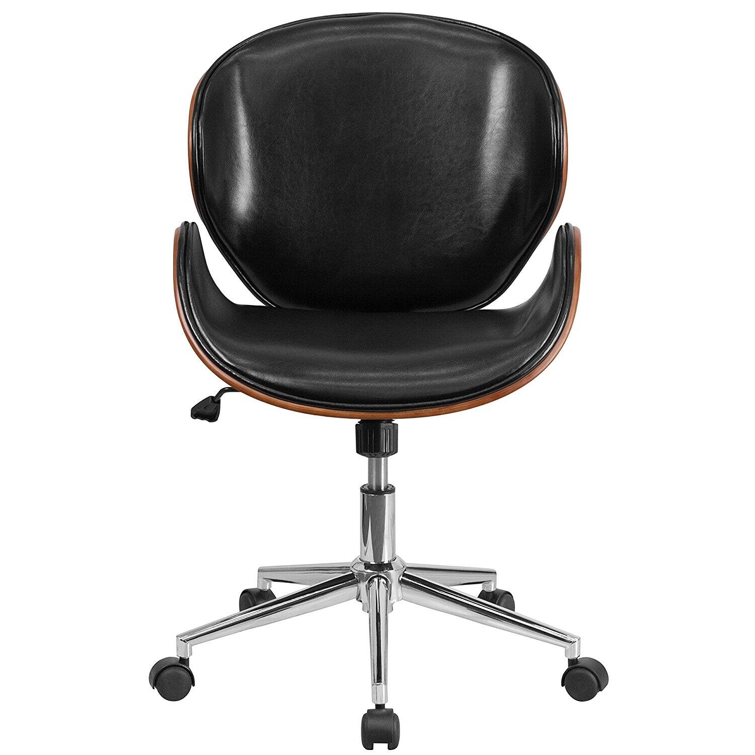 Back. Hivvago - Mid-Back Walnut / Black Faux Leather Office Chair with Curved Bentwood Seat - Black And Red.