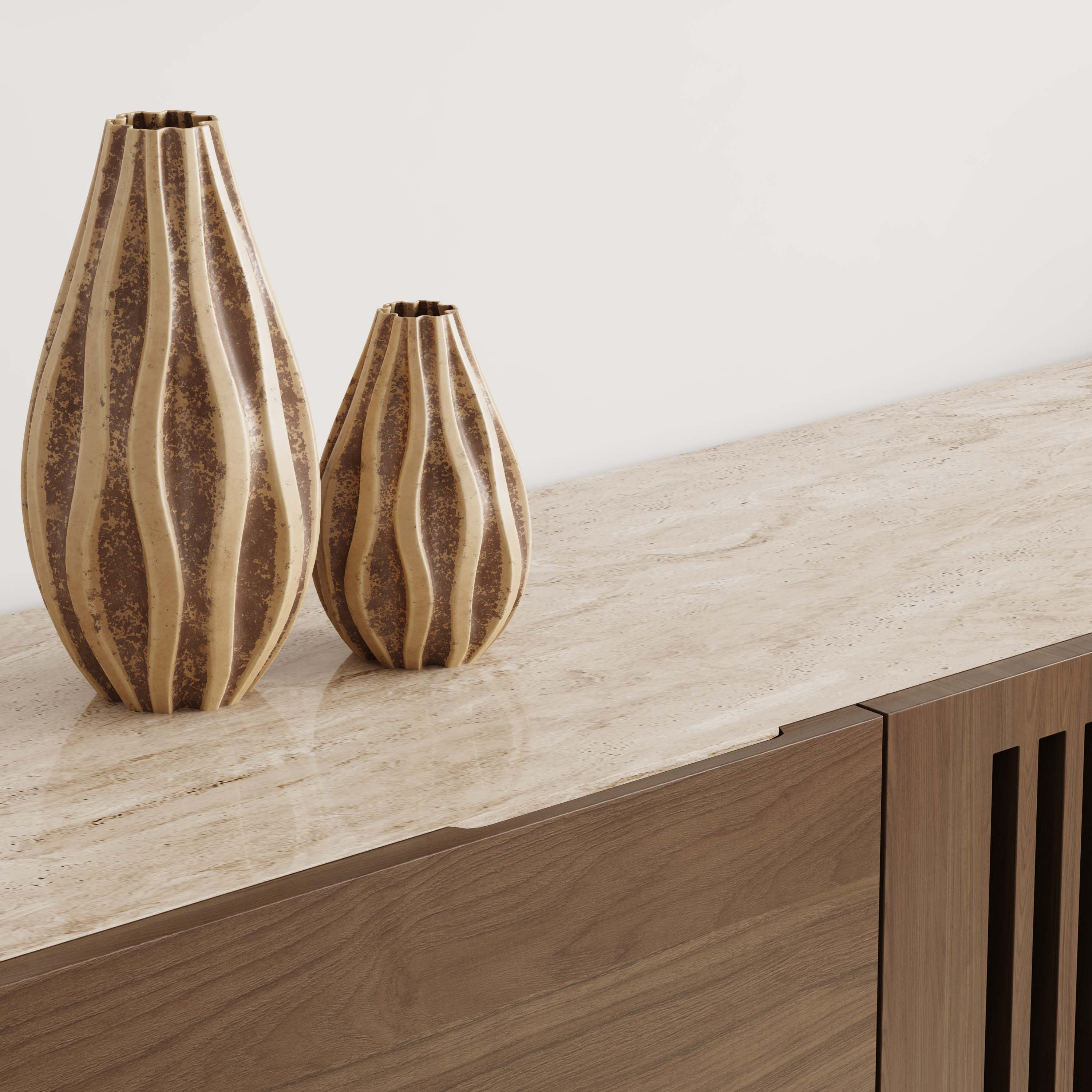 Back. POVISON - 79" Mid-Century TV Stand with Sintered Stone Wood Media Console with Walnut Veneer Slatted Cabinet, Tall-Cast Metal Legs - Walnut.