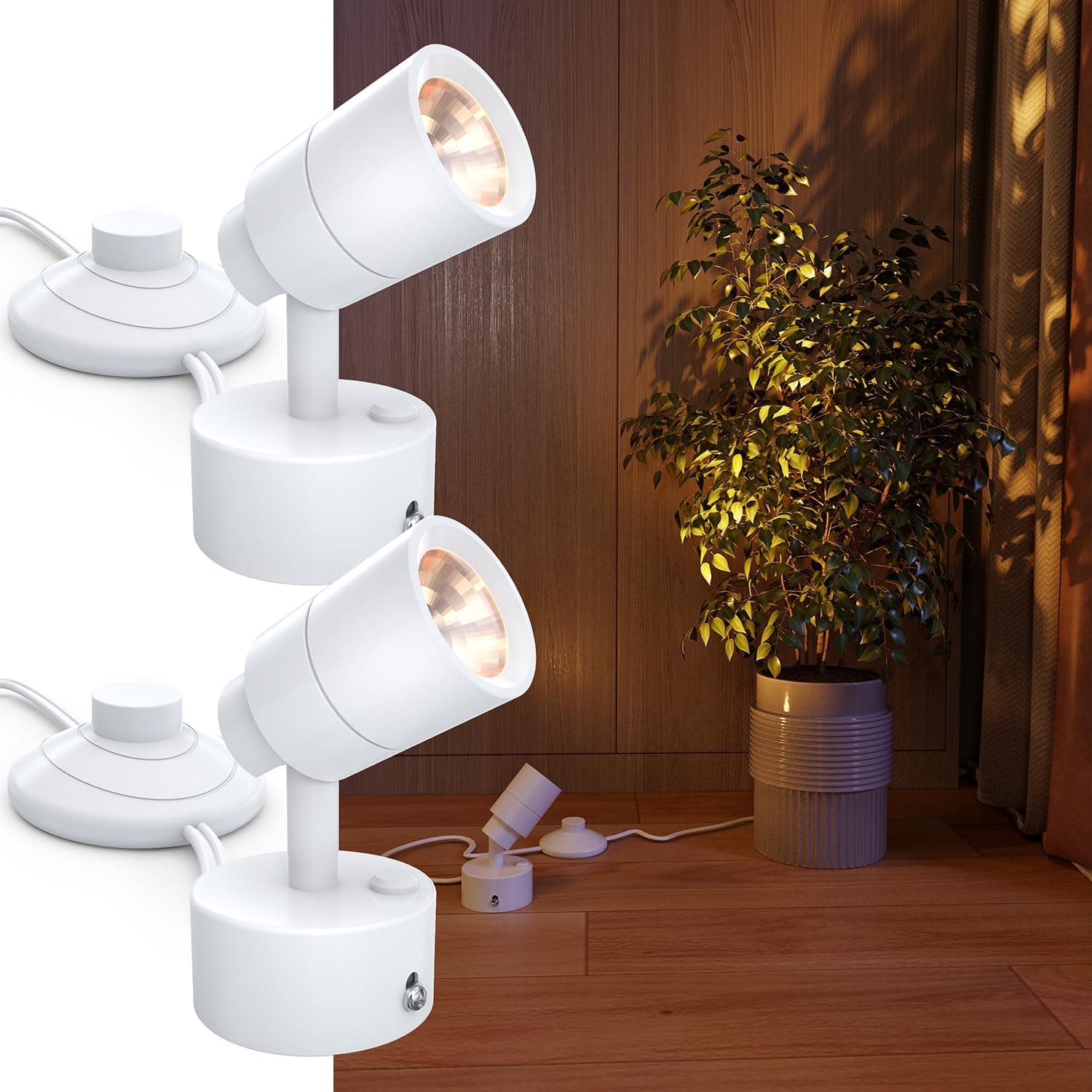 Front. FINEAK - 3W 300 Lumens Warm White LED Uplight for Plants & Artwork, 2 Pack UL/ETL Listed.