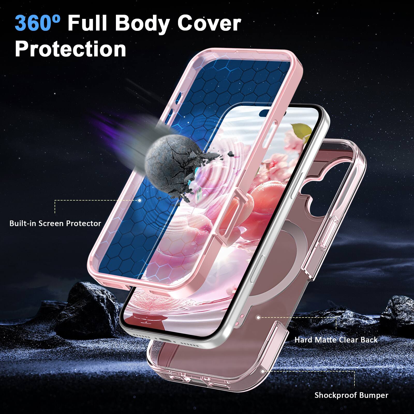 360° Full Body Cover Protection

- Built-in Screen Protector
- Hard Matte Clear Back
- Shockproof Bumper