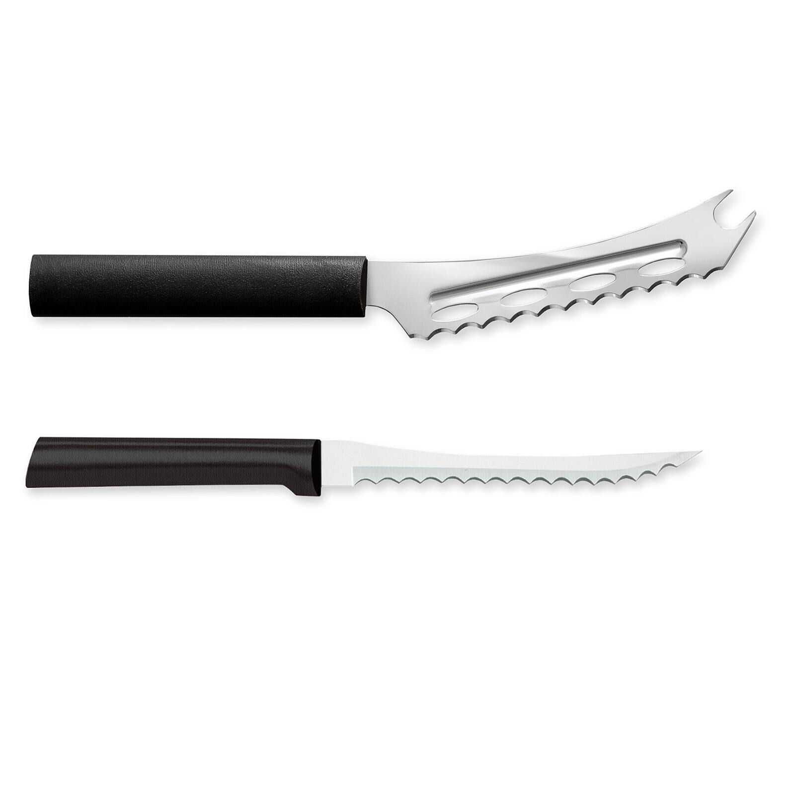 Front. Rada - Cutlery 5.25-Inch Cheese Knife & 5-Inch Tomato Slicer, Stainless Steel Serrated Blades, Black Handles - Black.