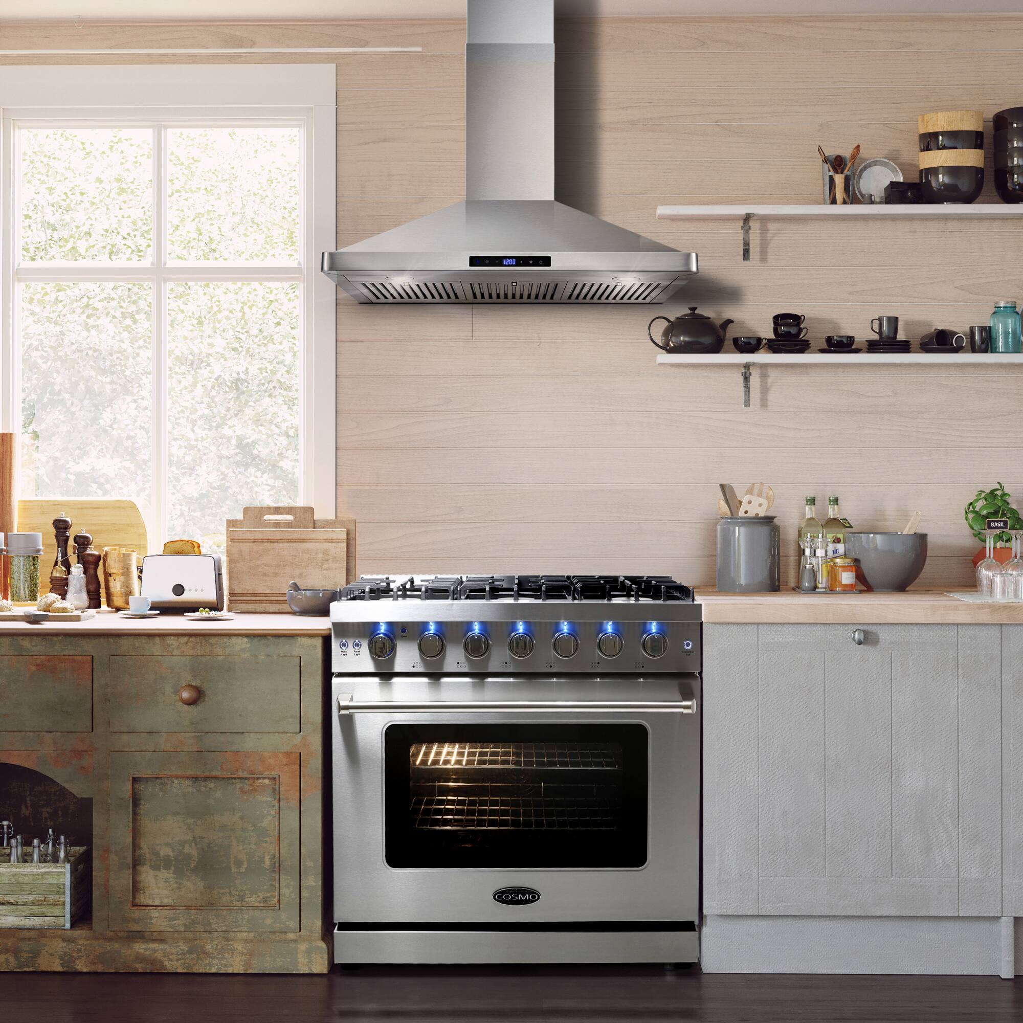 Angle. COSMO - COS-EPGR366 36 in. Haven Collection 6.0 cu. ft. Gas Range, 6 Burners, Convection Oven, Knob LEDs, Storage Drawer - Stainless Steel.