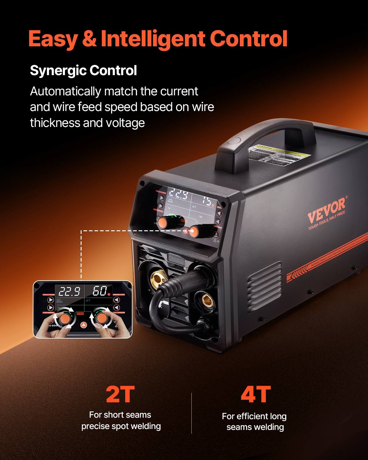 Easy & Intelligent Control

Synergic Control
Automatically match the current and wire feed speed based on wire thickness and voltage

2T
For short seams precise spot welding

4T
For efficient long seams welding
