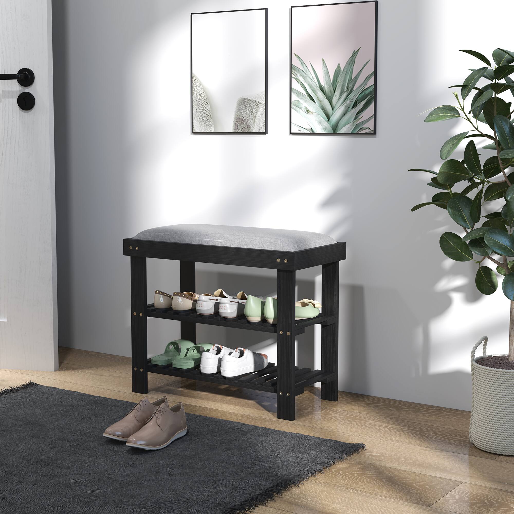 Alt View 7. Homcom - Bamboo Shoe Bench, 3-Tier Entryway Bench with Storage and Cushion, Shoe Organizer for Entryway, Hallway - Black.