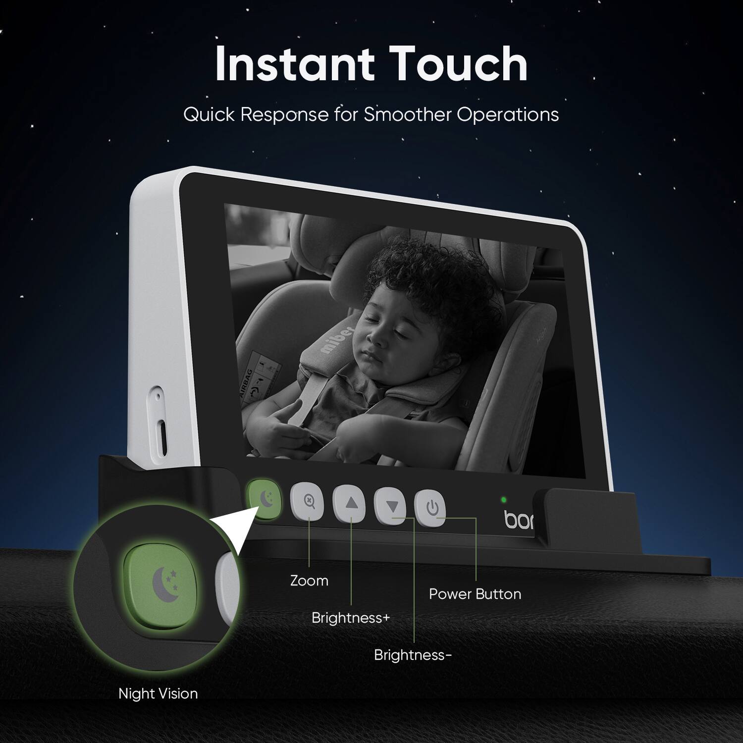 Instant Touch Quick Response for Smoother Operations Zoom Brightness+ Power Button Brightness- Night Vision AMIBAG miber bo