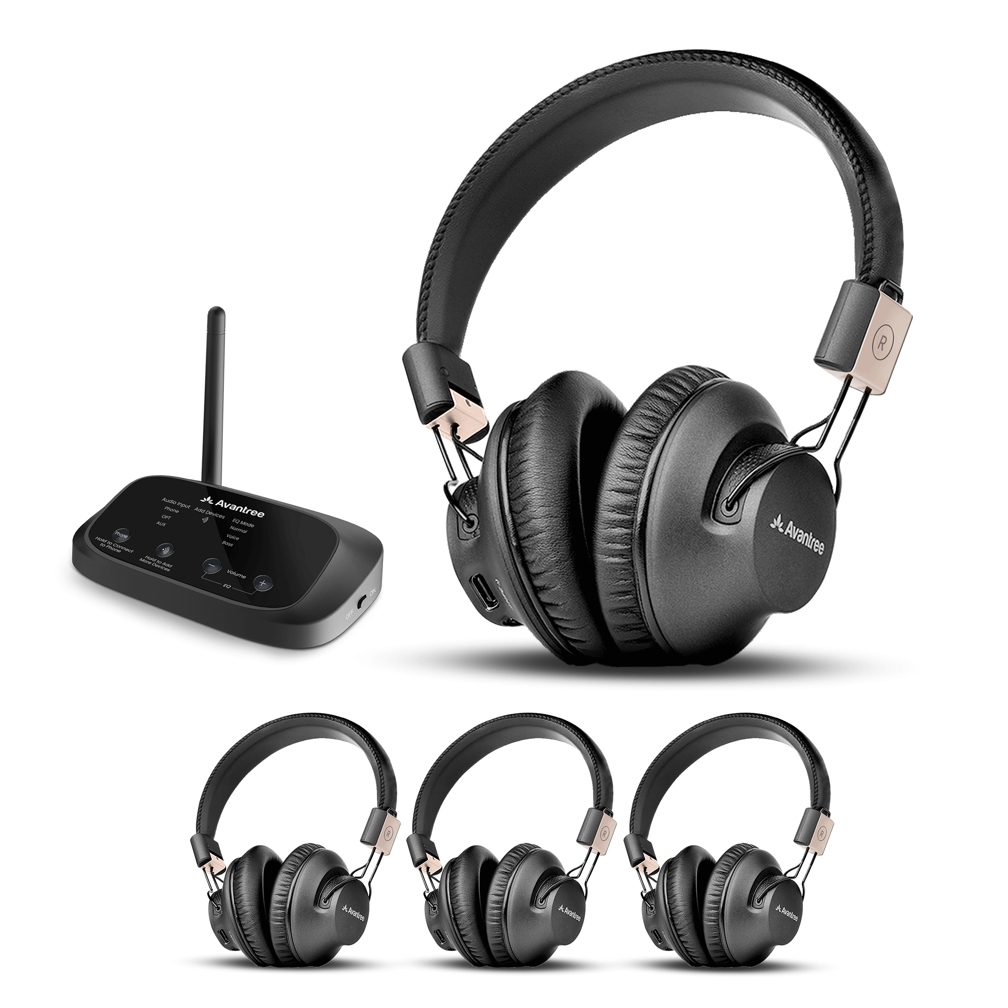 Avantree - Quartet 2 - Wireless Group Listening Headphones & Transmitter for TV, Church, Classroom, Silent Discos - Black