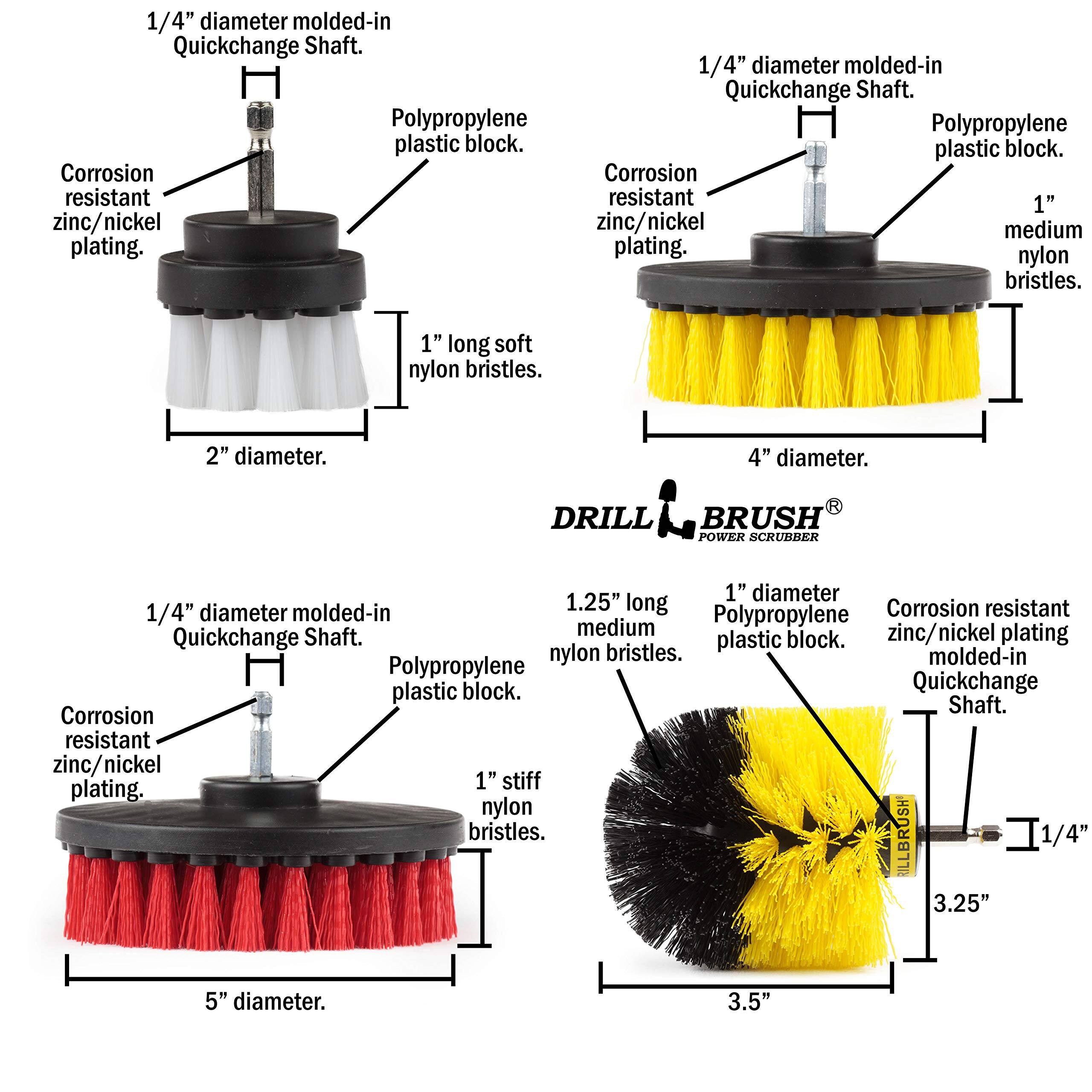 1/4" diameter molded-in Quickchange Shaft.
Polypropylene plastic block.
Corrosion resistant zinc/nickel plating.
1" long soft nylon bristles.
2" diameter.

1/4" diameter molded-in Quickchange Shaft.
Polypropylene plastic block.
Corrosion resistant zinc/nickel plating.
1" stiff nylon bristles.
4" diameter.

1/4" diameter molded-in Quickchange Shaft.
Polypropylene plastic block.
Corrosion resistant zinc/nickel plating.
1.25" long medium nylon bristles.
3.25" diameter.

1/4" diameter molded-in Quickchange Shaft.
Polypropylene plastic block.
Corrosion resistant zinc/nickel plating.
1" stiff nylon bristles.
3.5" diameter.