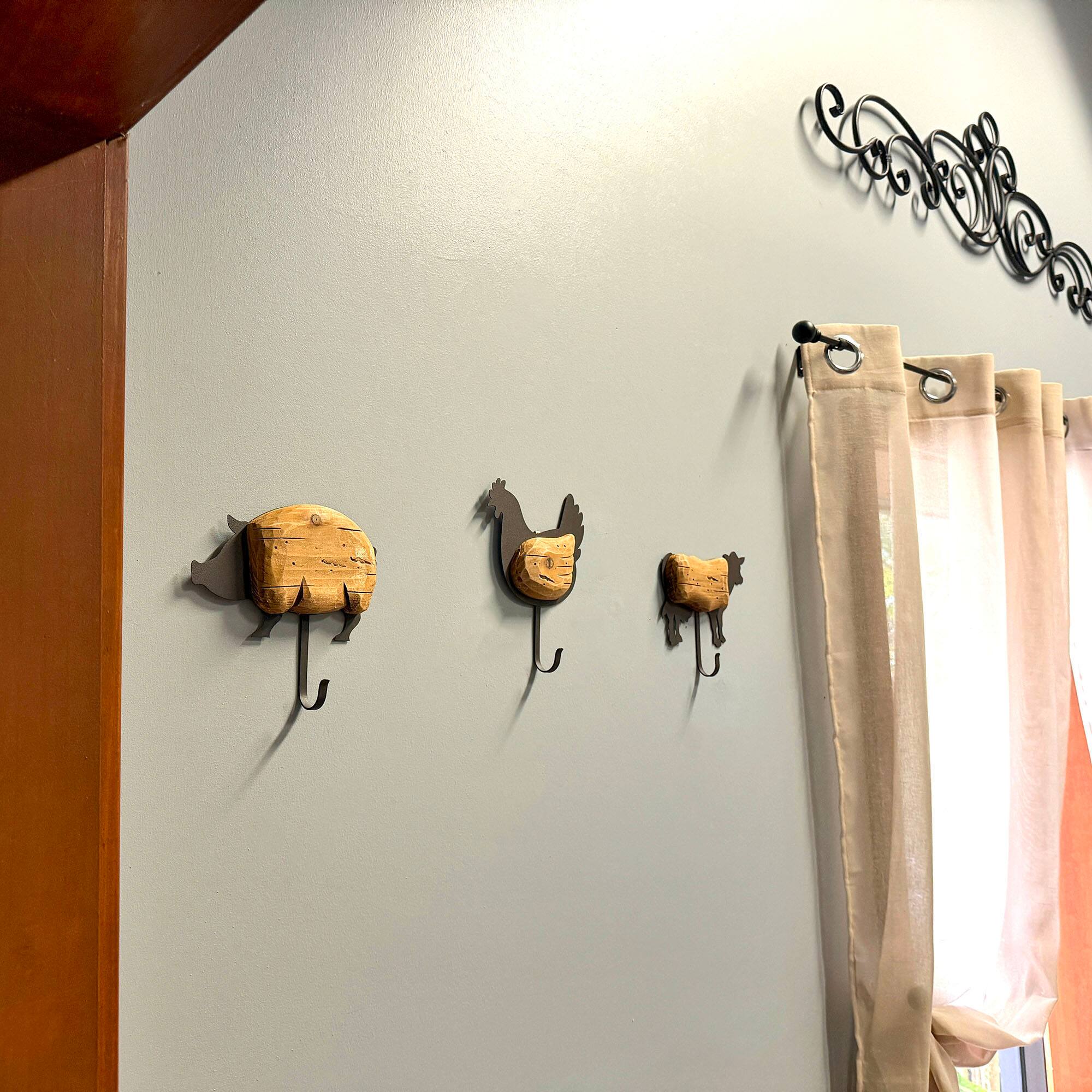 Alt View 3. Things2Die4 - Farm Animal Wall Hooks Set of 3 Wood Metal Farmhouse 7 in Brown Black - Brown.