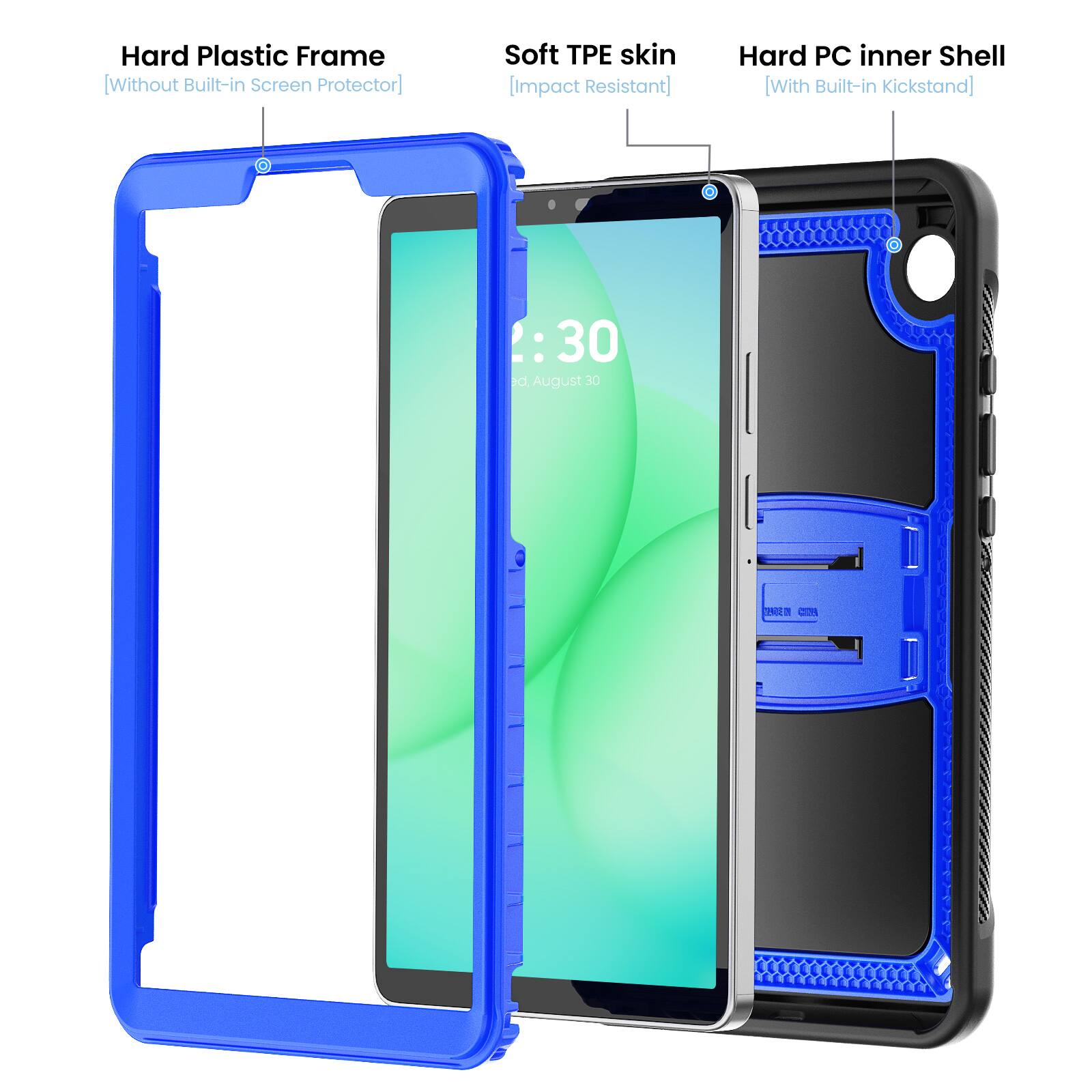 Hard Plastic Frame [Without Built-in Screen Protector]  
Soft TPE skin [Impact Resistant]  
Hard PC inner Shell [With Built-in Kickstand]