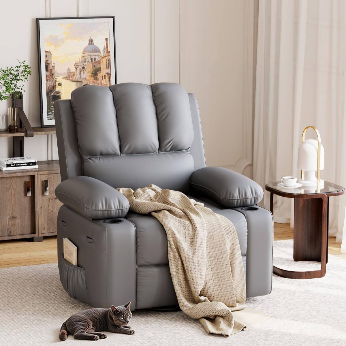 Front. Jojoka - 37.4" Oversized Manual Recliner with Heat and Massage, 360 Swivel Rocking Chair 21.3" Seat with Cup Holder - Grey.